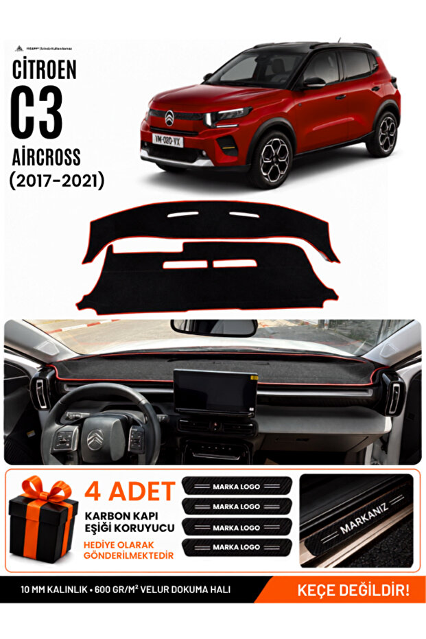 Citroen C3 Aircross (2017-2021) Compatible Glove Box Cover, Glove Box Case - Black-Red - Ci019