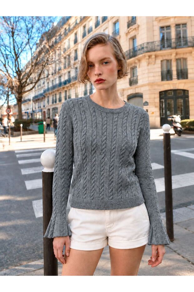 Crew Neck Sweater with Ruffled Sleeves and Braided Hair Detail