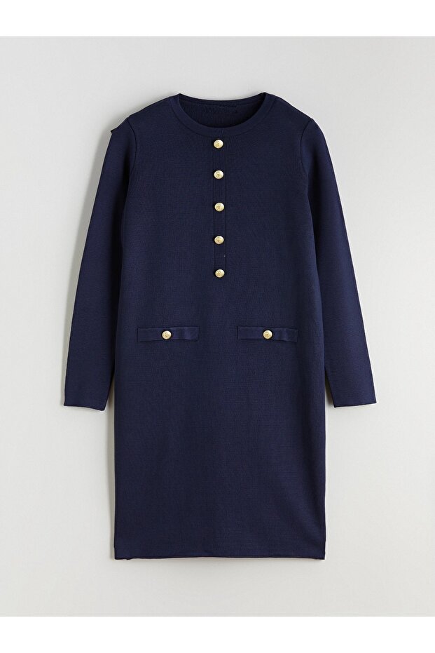 Button Detailed Crew Neck Knitwear Dress