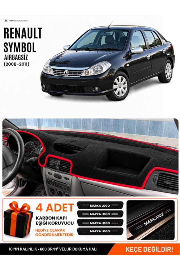 Renault Symbol Airbag-Free (2008-2011) Compatible Glove Box Cover, Glove Box Case - Black-Red - Re029
