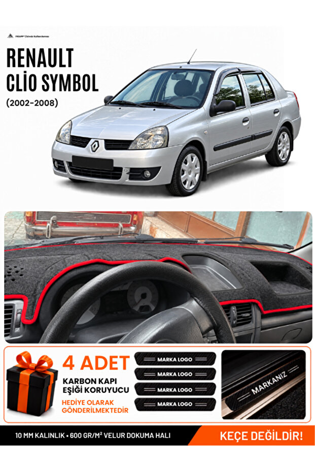 Renault Clio Symbol Without Airbags (2002-2008) Compatible Dashboard Cover - Black-Red - Re011