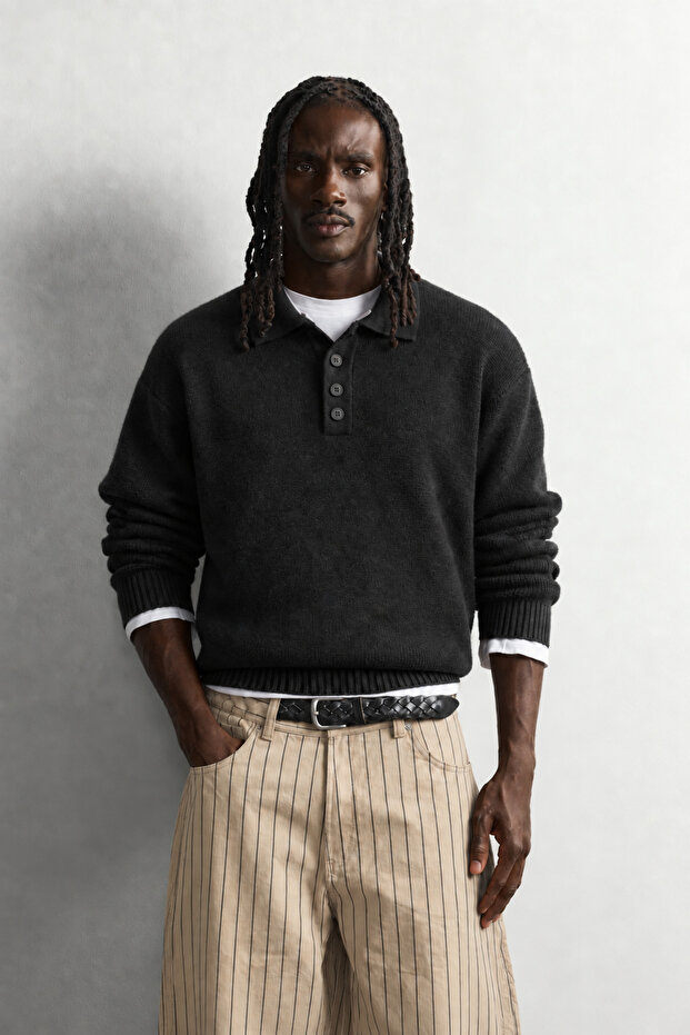 Men's Polo Collar Buttoned Oversize Wool Blend Knitwear Sweater