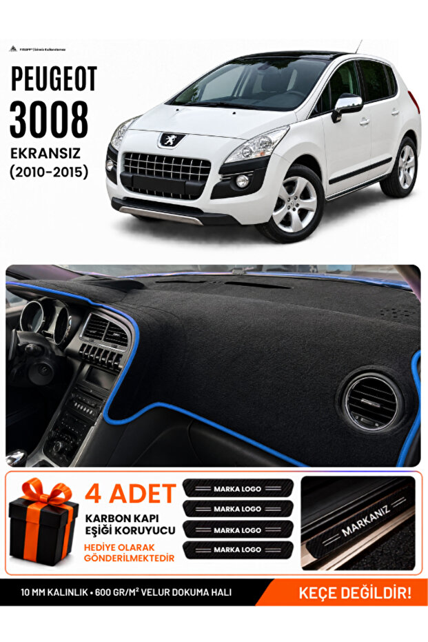 Peugeot 3008 Without Screen (2010-2015) Compatible Dashboard Cover, Dashboard Case - Black-Blue - Pe016
