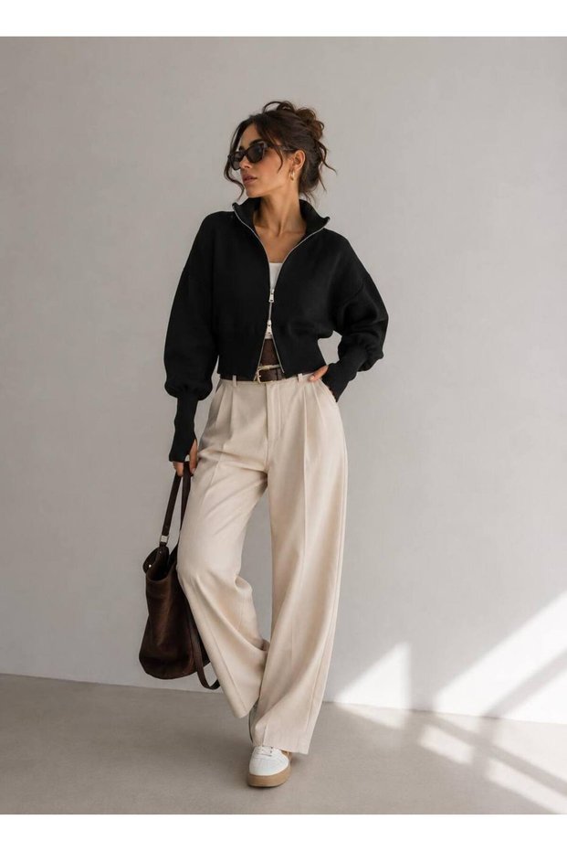 Sleeve Detailed Zippered Knitwear Cardigan