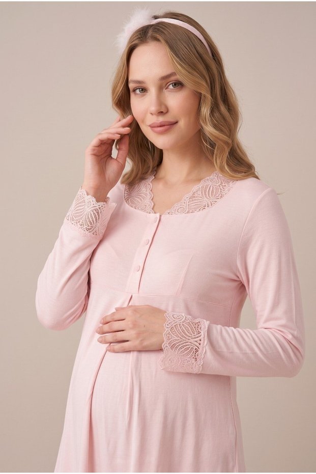 Women's Powder Long Sleeve Lace New Season Breastfeeding Detailed Maternity Pajama Set