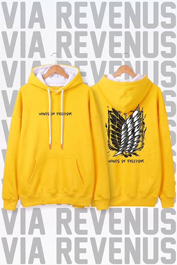 Attack on Titan Printed Unisex Yellow Wide Fit Hoodie Sweatshirt - 3 Thread Fleece Hood Lining with White Thread Detail