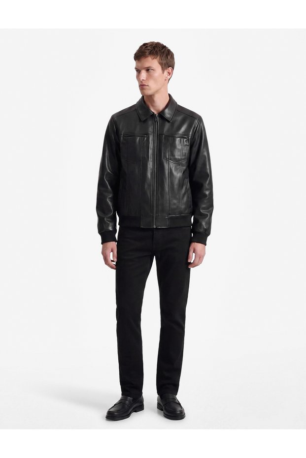 Slim Fit Shirt Collar Faux Leather Jacket with Zipper Pockets