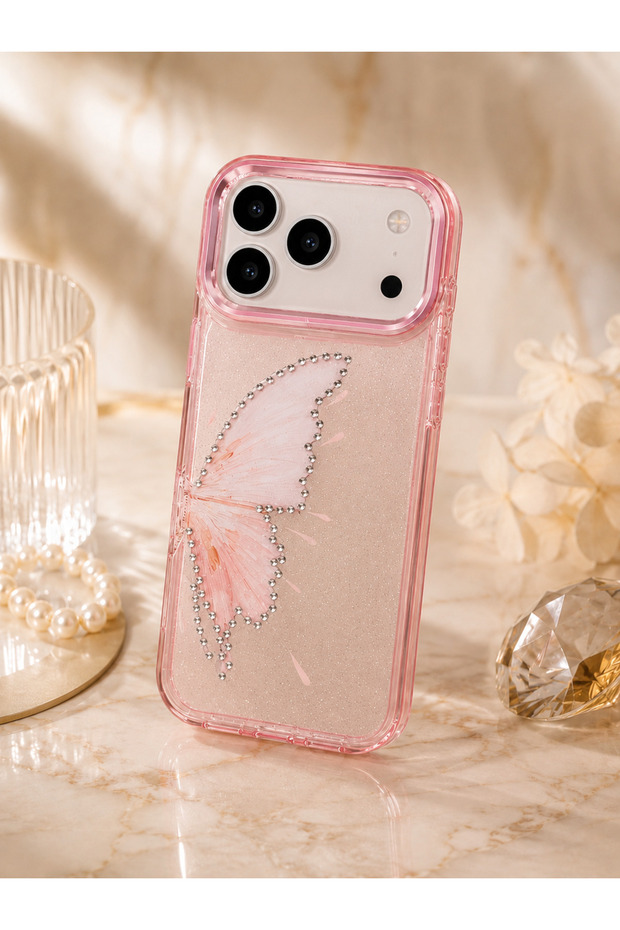 iPhone 18 Pro (6.3 Inch) Compatible Silvery Transparent Butterfly Patterned Color Gradient Processing Stone Detailed Metal Camera Protected Hard Silicone Butterfly Case