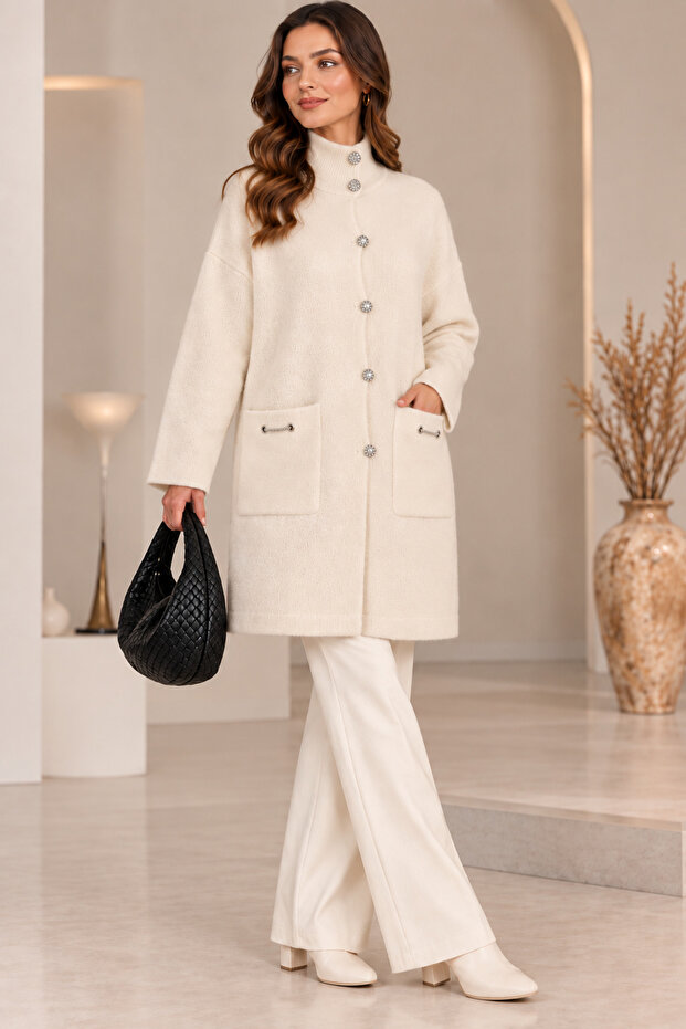 Women's Angora Stone Buttoned Double Pocket Long Knitwear Jacket