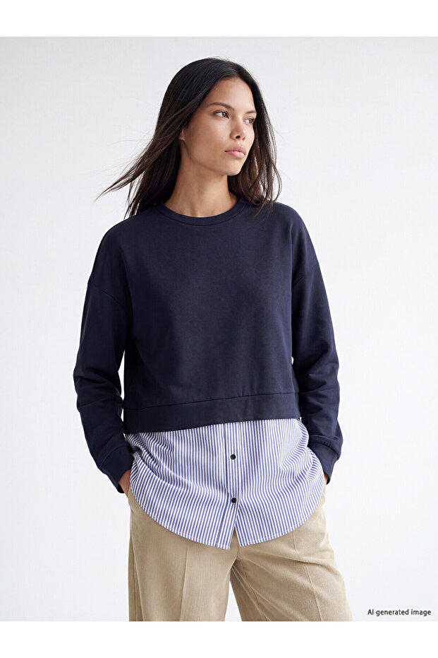 Two Mt Shop Quality Lcw Modest Navy Blue Interlock Striped Loose & Baggy Women's Sweatshirt Tunic