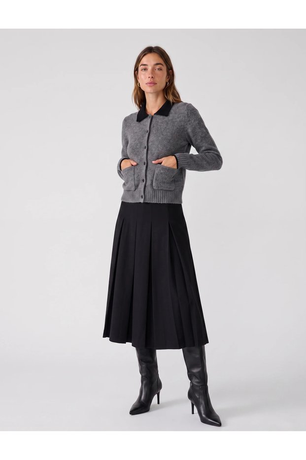 Buttoned Long Sleeve Contrast Polo Collar Knitwear Cardigan with Pockets