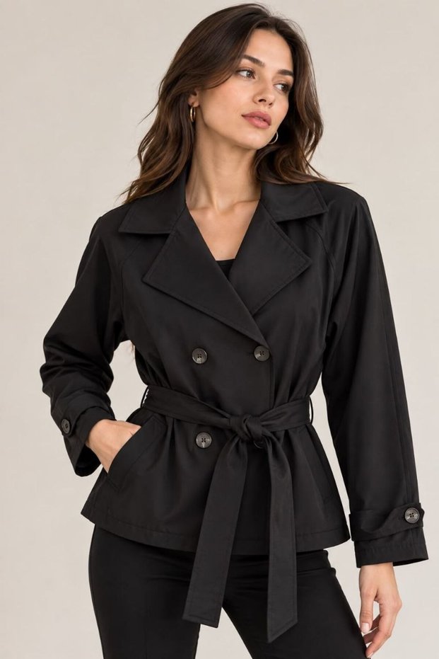 Women's Belted and Draped Double-Breasted Collared Short Trench Coat