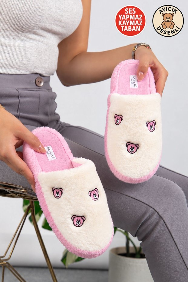 Unisex Women's Teddy Bear Pattern Fluffy Dowry Bundle House Slippers Non-Slip Sole House Slippers