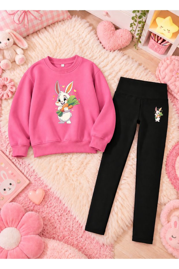 Girl's Crew Neck Sweatshirt and Skinny Leggings Set, 2-Piece Printed Top and Bottom Set