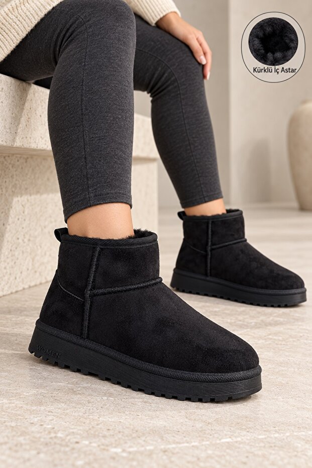 Jina Fur Inside Thick Sole Half Women's Boots Black