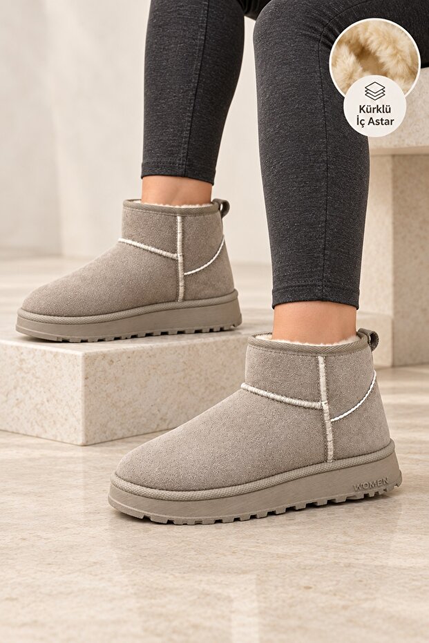 Jina Fur Inside Thick Sole Half Women's Boots Beige