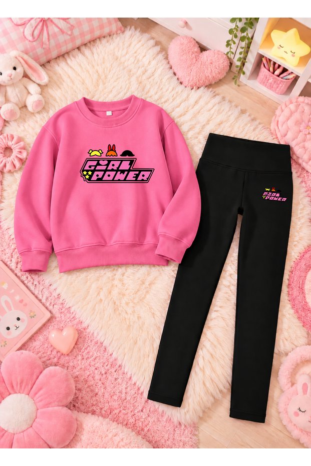Girl's Crew Neck Sweatshirt and Skinny Leggings Set, 2-Piece Printed Top and Bottom Set