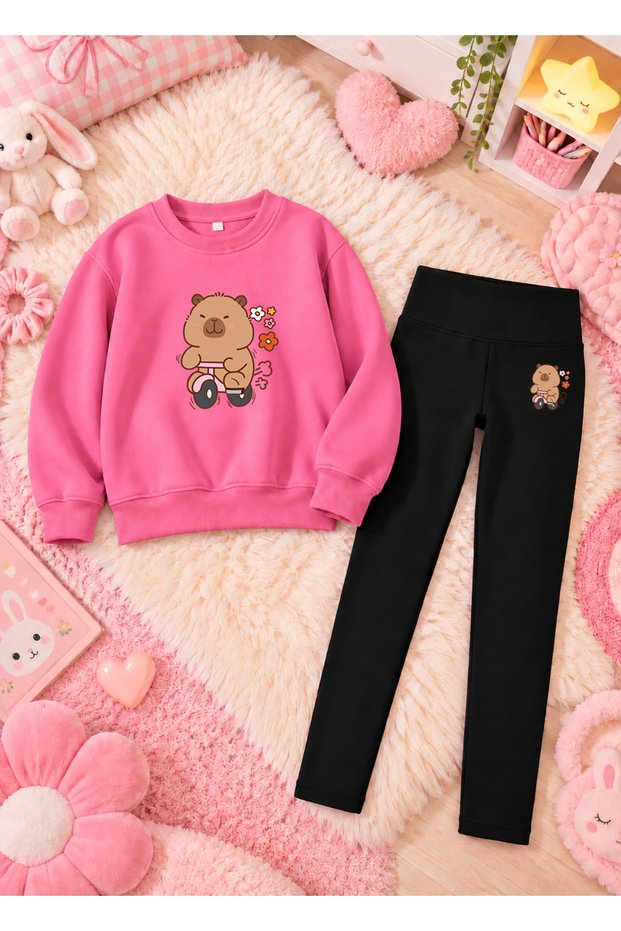 Girl's Crew Neck Sweatshirt and Skinny Leggings Set, 2-Piece Printed Top and Bottom Set