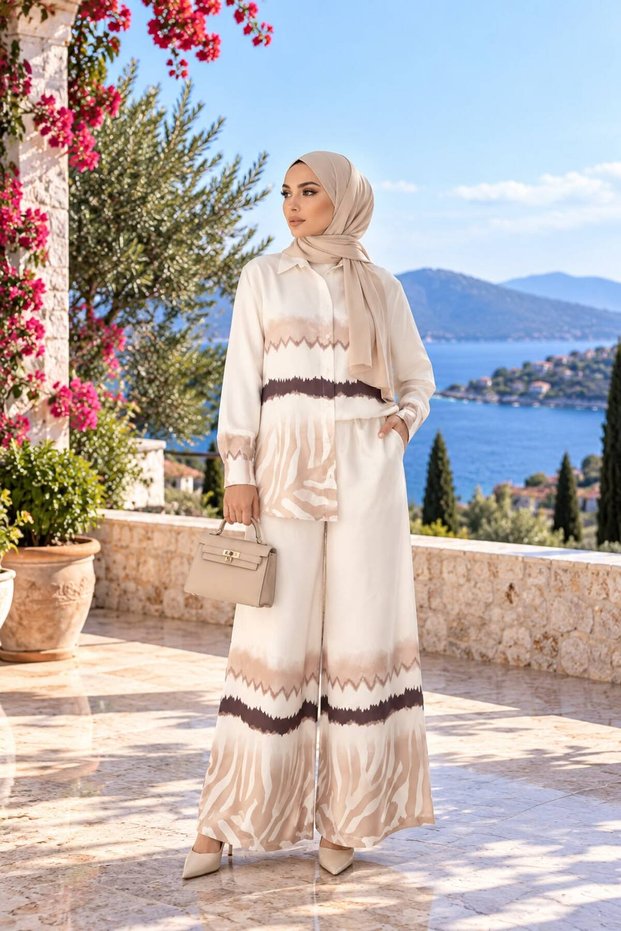 Floral Patterned Linen Hijab Double Set (Shirt & Pants) - 25041