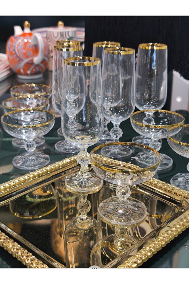 Sterna Real Gold 6-Piece Crystal Turkish Delight Bowl and 6-Piece 180 Cc Coffee and Water Cup Set