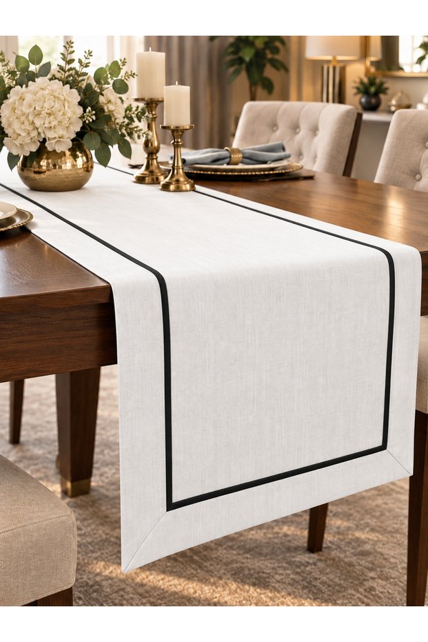 Decorative Linen-Look White Runner with Black Piping 40X150