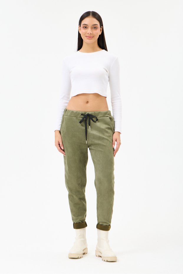 Women's Khaki Italian Waist-Tie Narrow-Leg Lycra Suede Trousers, Sizes 38 - 44
