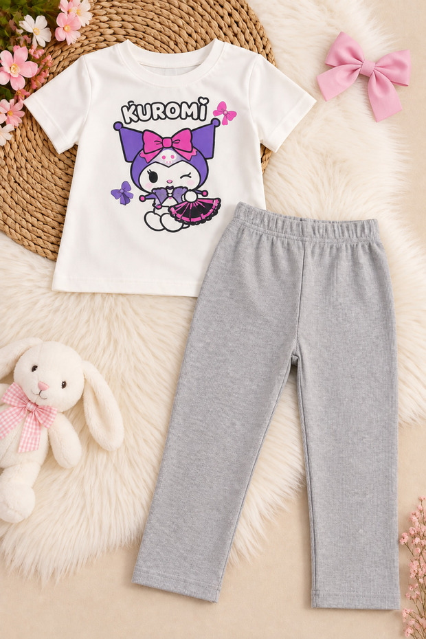Girl's White Short Sleeve Kromi Printed T-Shirt and Leggings 2-Piece Set