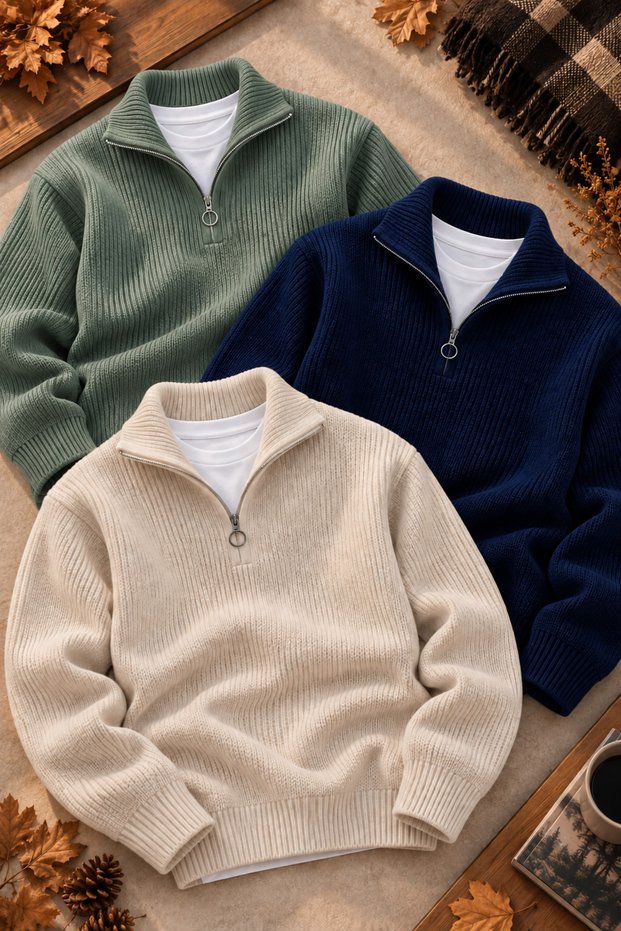 Men's 3-Piece Thessaloniki Knitted Half-Zip Knitwear Sweater Set High Collar Long Sleeve Thick Winter Knitted Sweater
