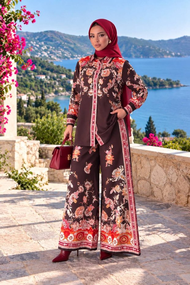 Floral Patterned Linen Hijab Double Set (Shirt & Pants) - 25041