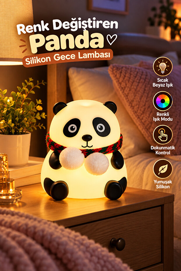 Cute Panda Silicone Night Light Colorful Light Mode Touch Controlled Lighting -