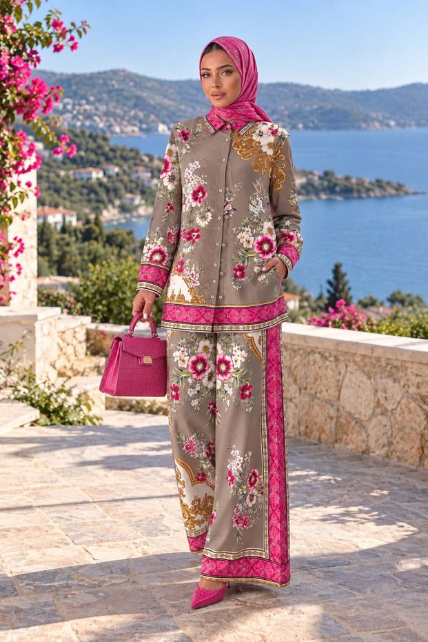 Floral Patterned Linen Hijab Double Set (Shirt & Pants) - 25041