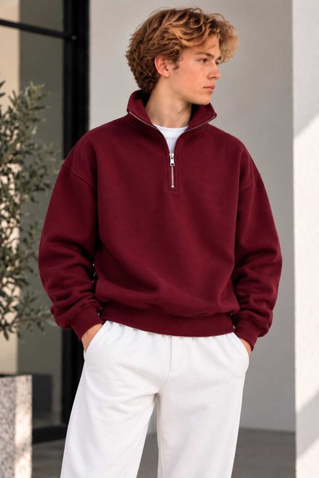 Unisex Oversize Half-Zipper Stand Collar 3 Thread Sweatshirt
