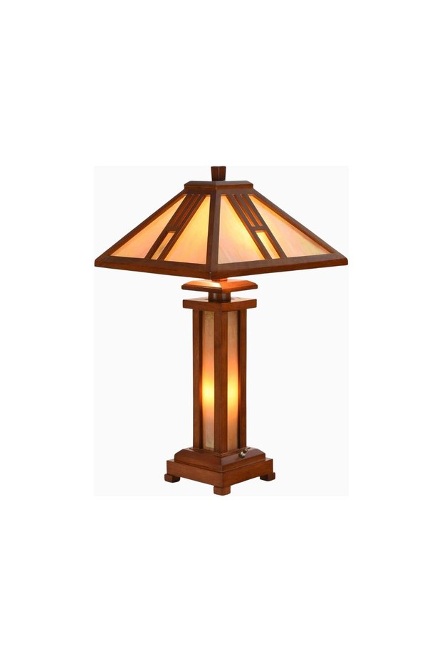L30796 Handmade Mission Style Stained Glass Table Lamp with Wooden Base 26 Inch