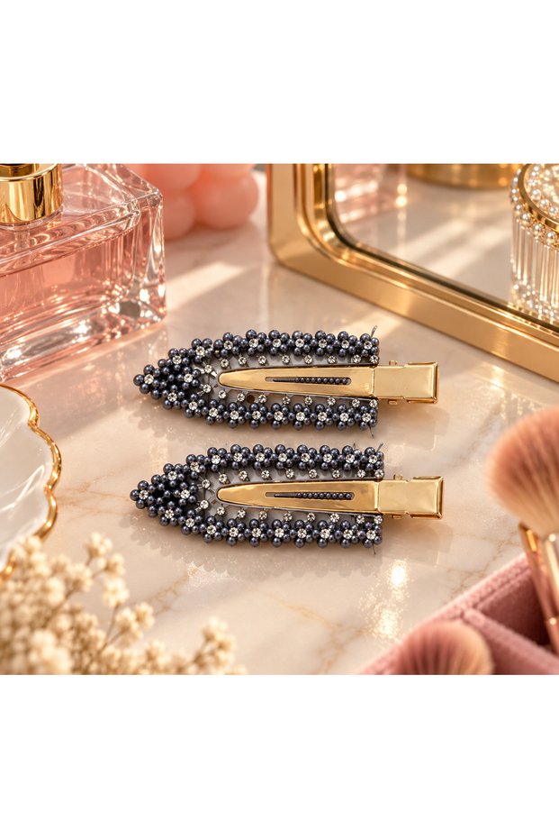 Non-Marking Makeup Hair Clips, Pack of 2 – Black Pearl Stone Hair Fixing Clips