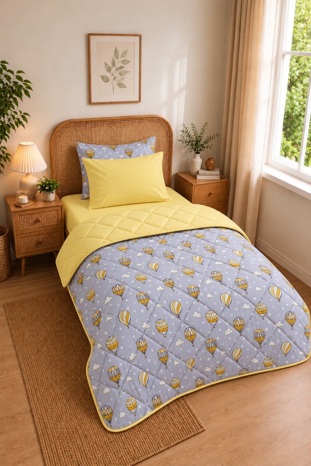 Veloura Luxe Single Sleeping Set | 100% Cotton Quilted Comforter, Elastic Fitted Sheet and Pillowcase