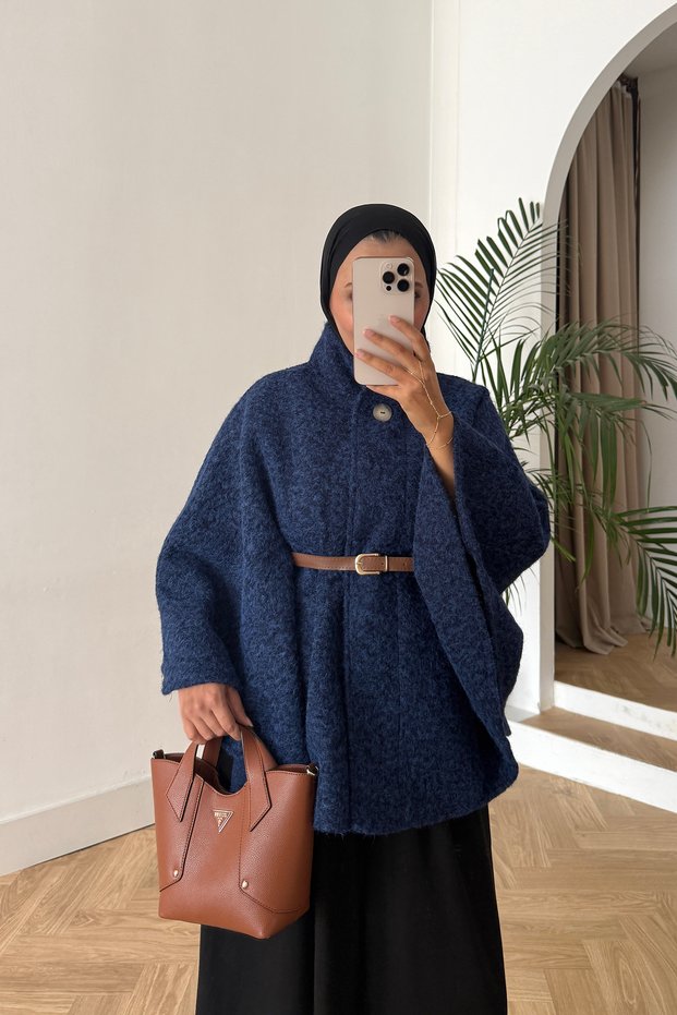 Belted Single Button Detailed Oversize Women's Winter Modest Poncho