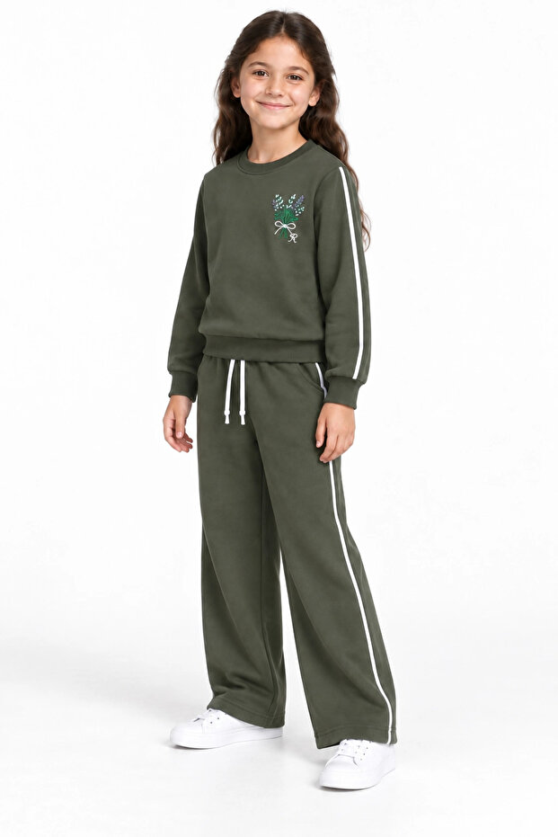 Girl's Khaki Floral Embroidered White Ribbed Wide-Leg Sweatpants Set