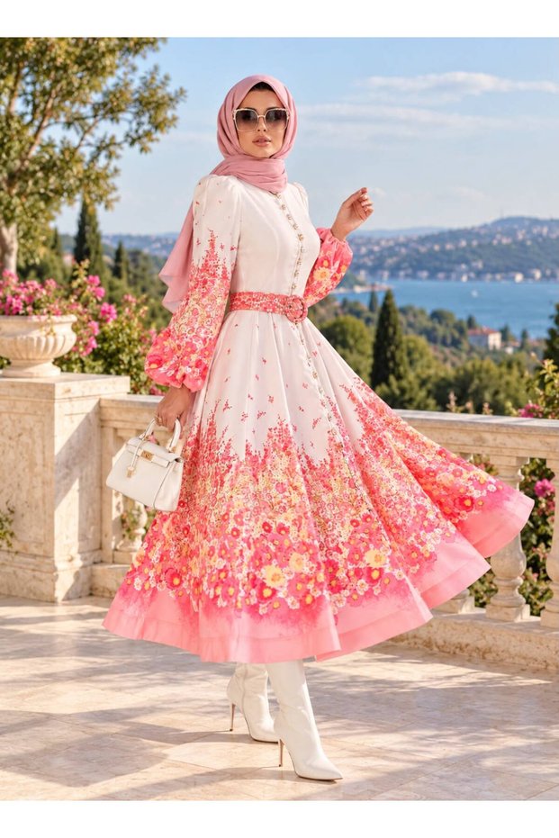 Linen Fabric Model Lace Detailed Dress (Belt Included)-Pink