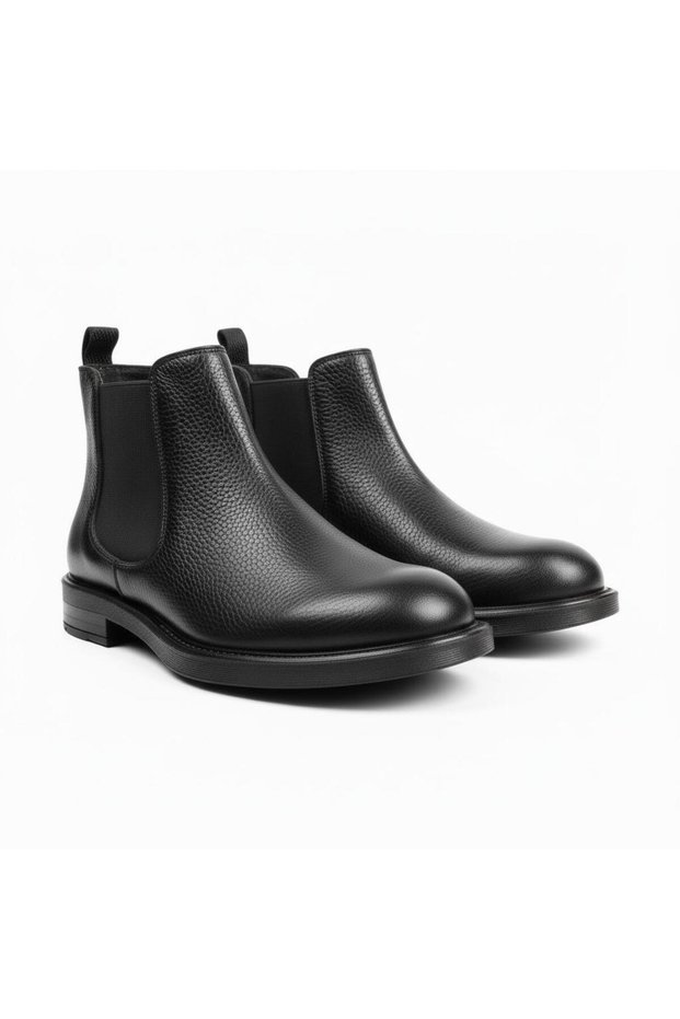 Black Leather Warm Lining Rubber Sole Men's Chelsea Boots