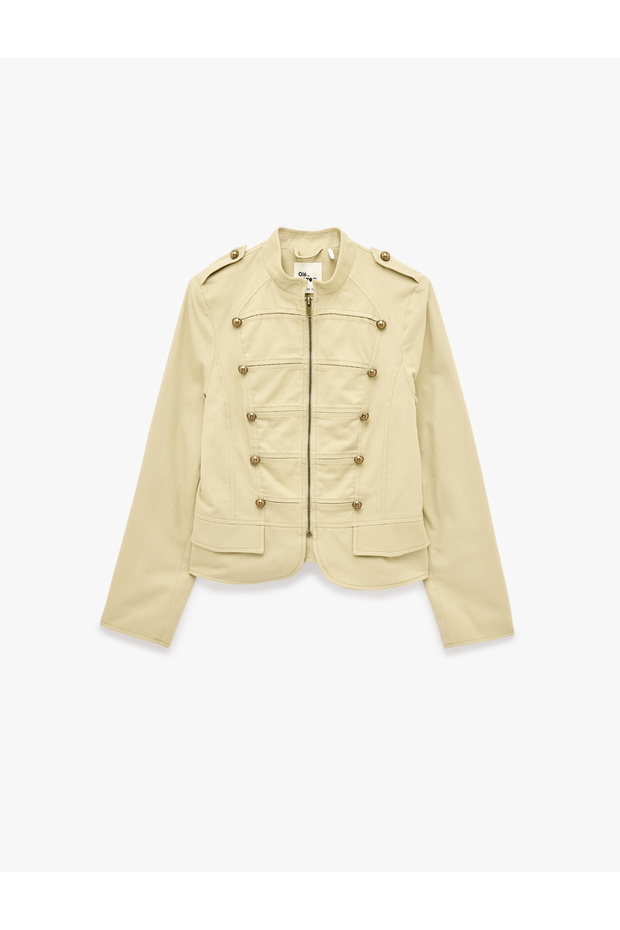 Gabardine Fabric Metal Buttoned Slim Fit Zippered Stand Collar Military Jacket