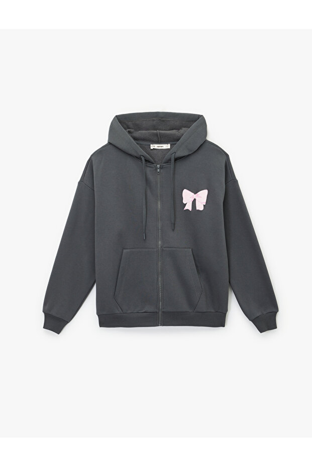 Comfortable Fit Hooded Zippered Kangaroo Pocket Sweatshirt with Bow Print on the Back