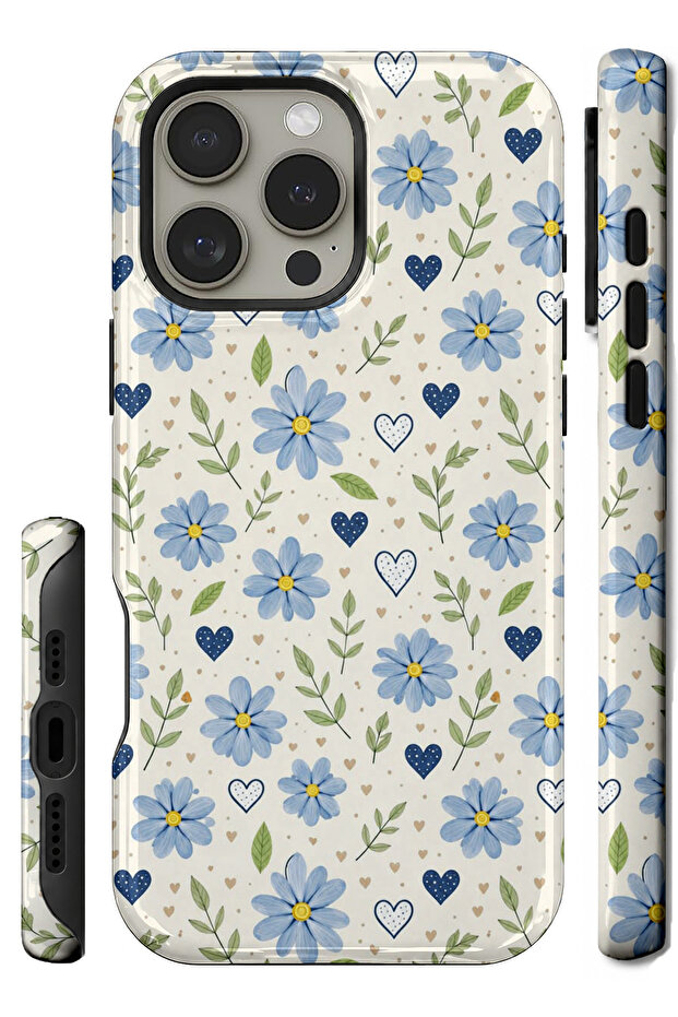 Compatible with iPhone 12 Pro Max - Blue Flowers, Double Layer Cover, Glossy Surface Protective Case