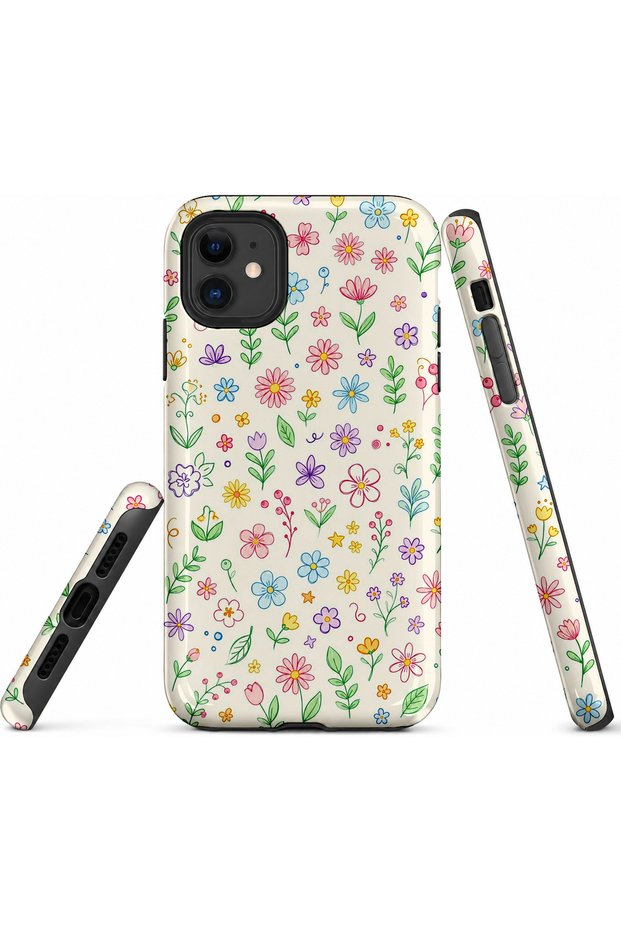 iPhone 11 Compatible - Colorful Flowers, Double Layer Cover, Glossy Surface Protective Case