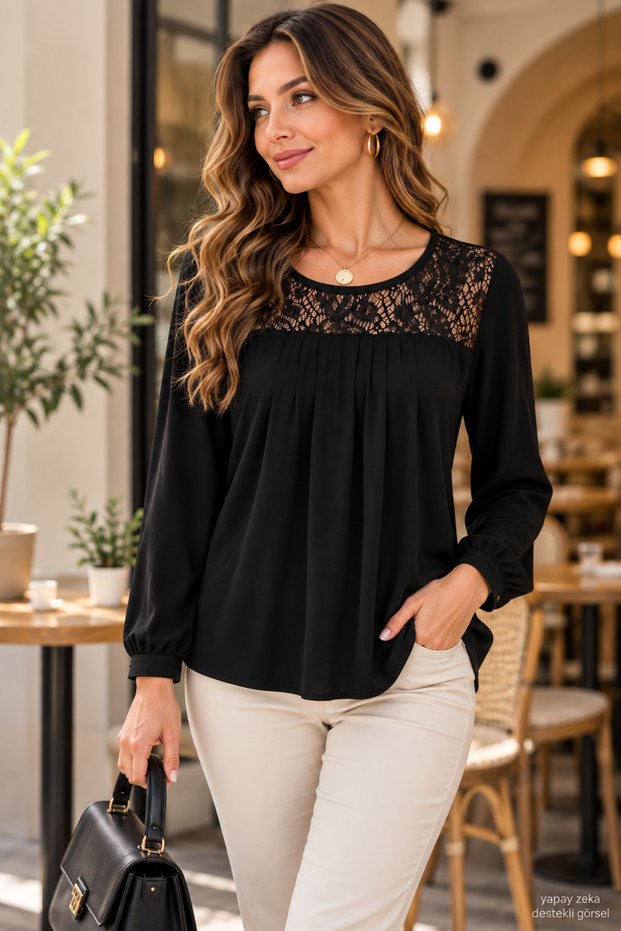 A Touch of Lace for Everyday Elegance – Women's Crew Neck Long Sleeve Viscose Blouse