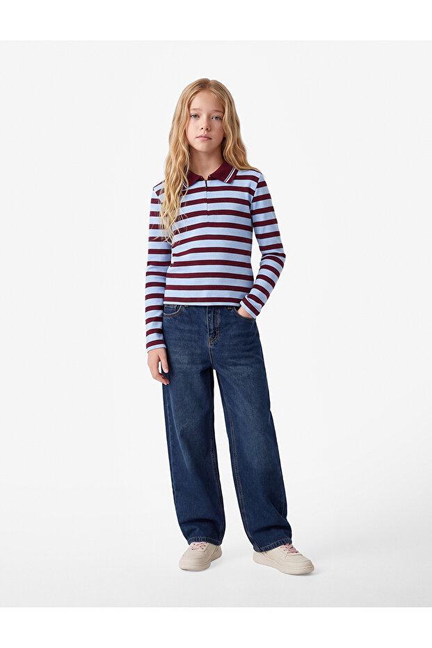 Zippered Long Sleeve Cotton Polo Collar Striped T-Shirt