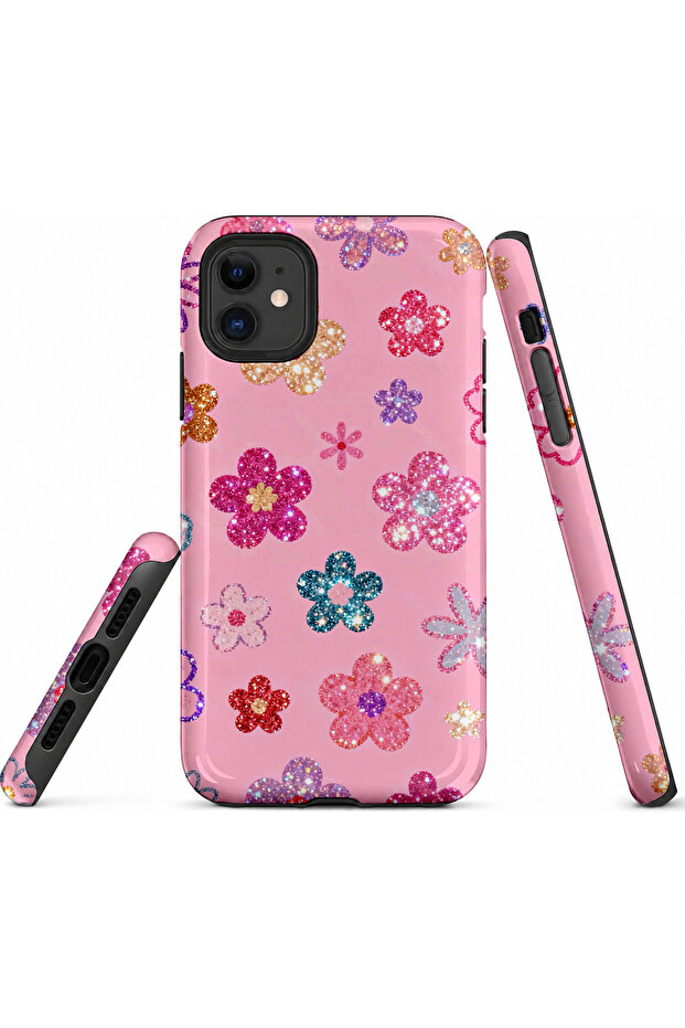 iPhone 11 Compatible - Glittery Flowers, Double Layer Cover, Shiny Surface Protective Case