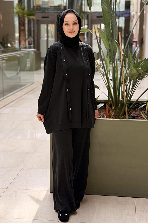 Pants Suit with Eyelet Detail on the Front and Lace-Up Detail