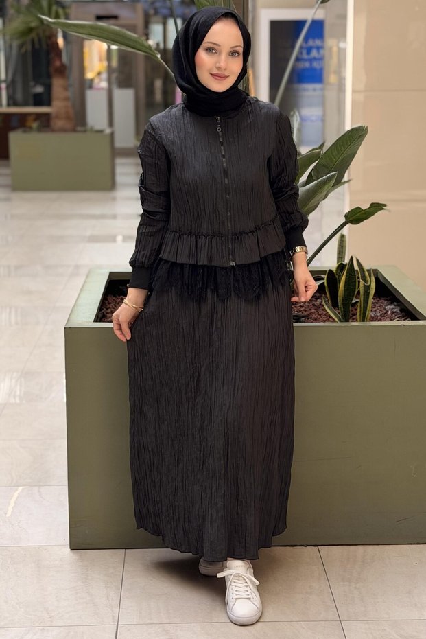 Lace Detailed Wrinkle Effect Jacket Skirt Set