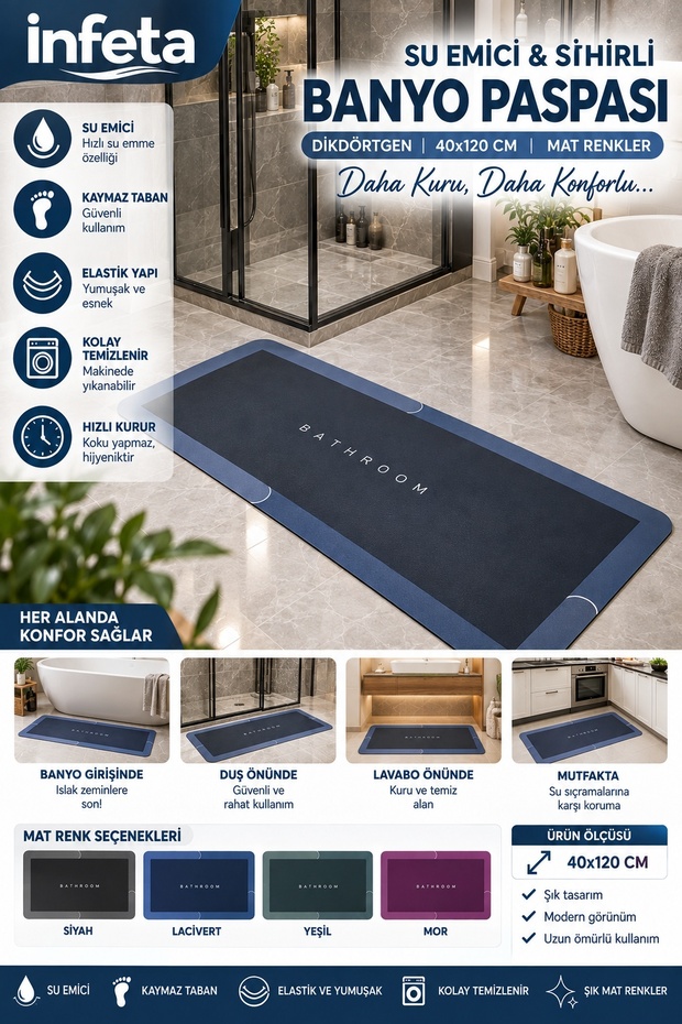40X120 cm Water Absorbent Non-Slip Bath Mat Rectangular Elastic Soft Quick Drying