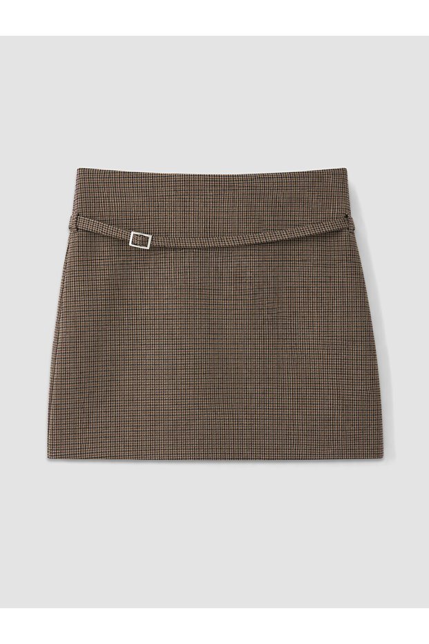 Brown Belted Houndstooth Patterned Mini Skirt with Shorts